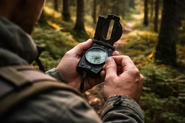 Detail rúk nastavujúcich kompas v lese počas orientácie bez GPS, lesná cesta a hustý porast v pozadí..webp