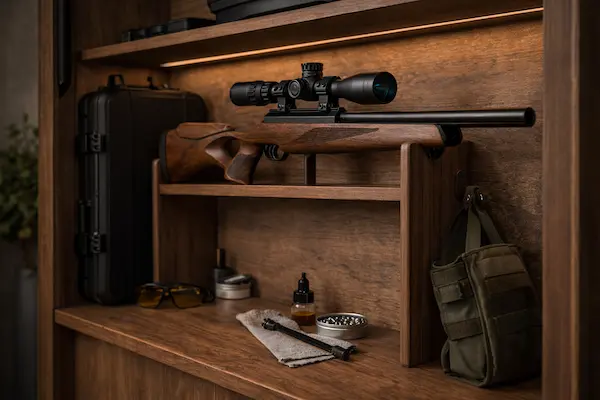 ako skladovať vzduchovku bezpečne a správne – vzduchovka s puškohľadom uložená na stojane v suchom a bezpečnom domácom priestore.webp