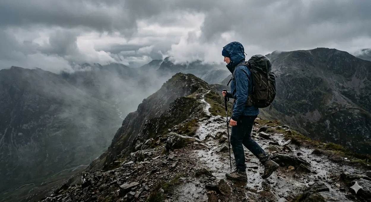Turista v hardshell bunde stúpa po horskom hrebeni počas dažďa.webp