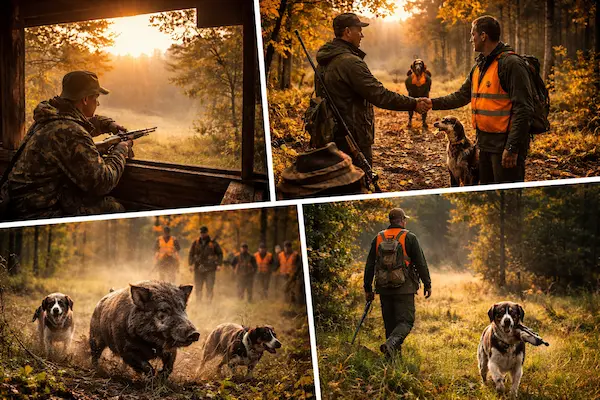 Typy poľovačiek na Slovensku – lov z posedu, spoločná poľovačka a naháňačka v jesennom lese.webp