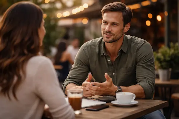 Sebavedomý muž pokojne komunikuje pri stretnutí v kaviarni, pôsobí prirodzene a získava rešpekt jasným a vyrovnaným prejavom..webp