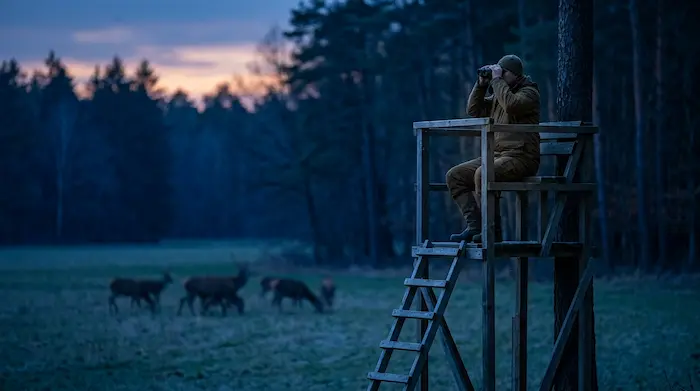 Poľovník na posede meria vzdialenosť ďalekohľadom s diaľkomerom