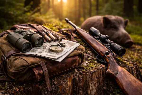 Poľovnícka výbava v revíri ako symbol začiatku poľovníckej praxe a získania poľovníckeho lístka.webp