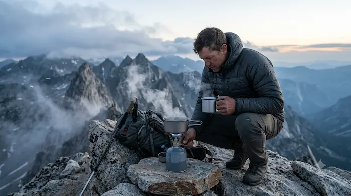 Turista varí vodu na outdoorovom variči za úsvitu na hrebeni.webp