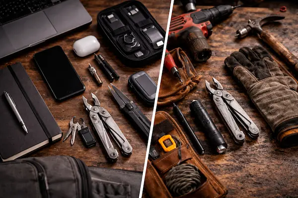 EDC do práce – praktická výbava pre kanceláriu aj manuálnu prácu porovnaná na jednom zábere.webp
