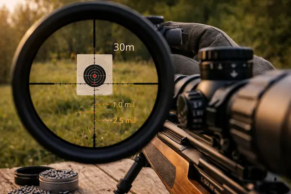Ako čítať balistiku vzduchovky a pokles strely v praxi – pohľad cez puškohľad pri korekcii zásahu na terč na dlhšiu vzdialenosť.webp