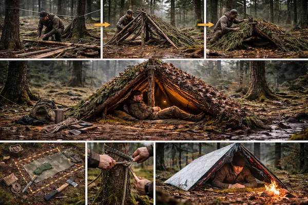 Postup stavby núdzového prístrešku v lese – konštrukcia z vetiev, prekrytie lístím, príprava výbavy a hotový úkryt s mužom oddychujúcim vo vnútri..webp