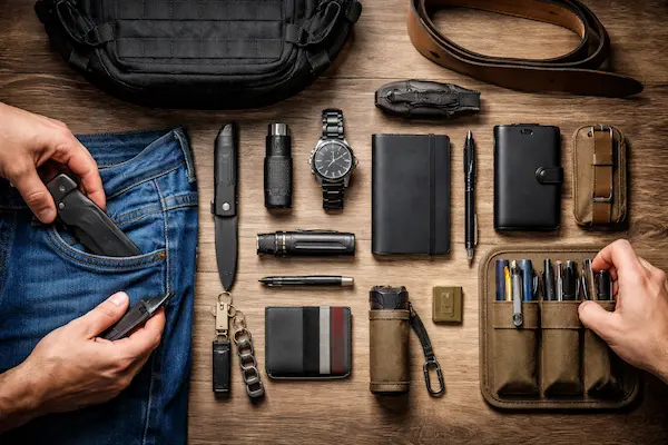 EDC organizácia – rozdelenie výbavy medzi vrecká, puzdro a organizér pri každodennom nosení.webp