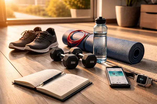 Fitness pomôcky položené na drevenej podlahe pri okne.webp