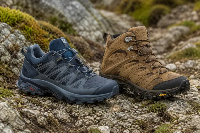 Salomon X Ultra 4 Mid GTX a Merrell Moab 3 Mid GTX vedľa seba na horskom chodníku.webp