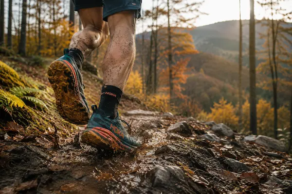Bežec na trail v horskom lese s blativým povrchom – testovanie trail topánok v praxi.webp