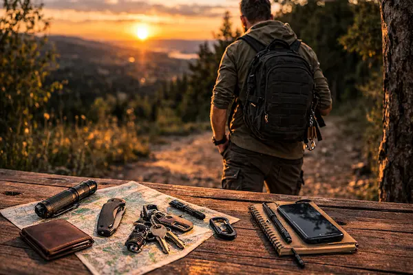 EDC výbava v praxi pri mužovi s ruksakom počas pobytu v prírode pri západe slnka.webp